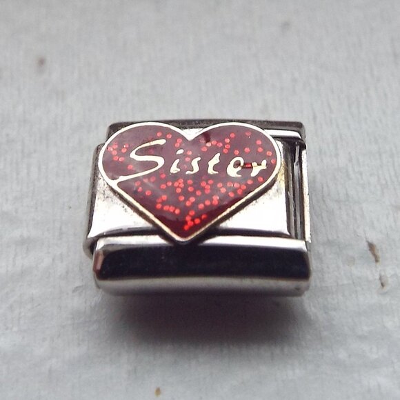 Sister on red enamel heart 9mm stainless steel Italian charm bracelet link 01 - Picture 1 of 2